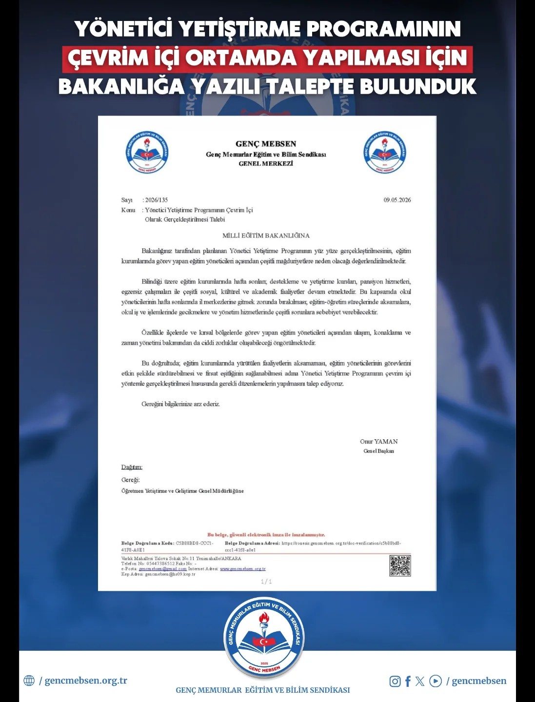 Yönetici Yetiştirme Programının Çevrimiçi Ortamda Yapılması İçin Bakanlığa Yazılı Talepte Bulunduk